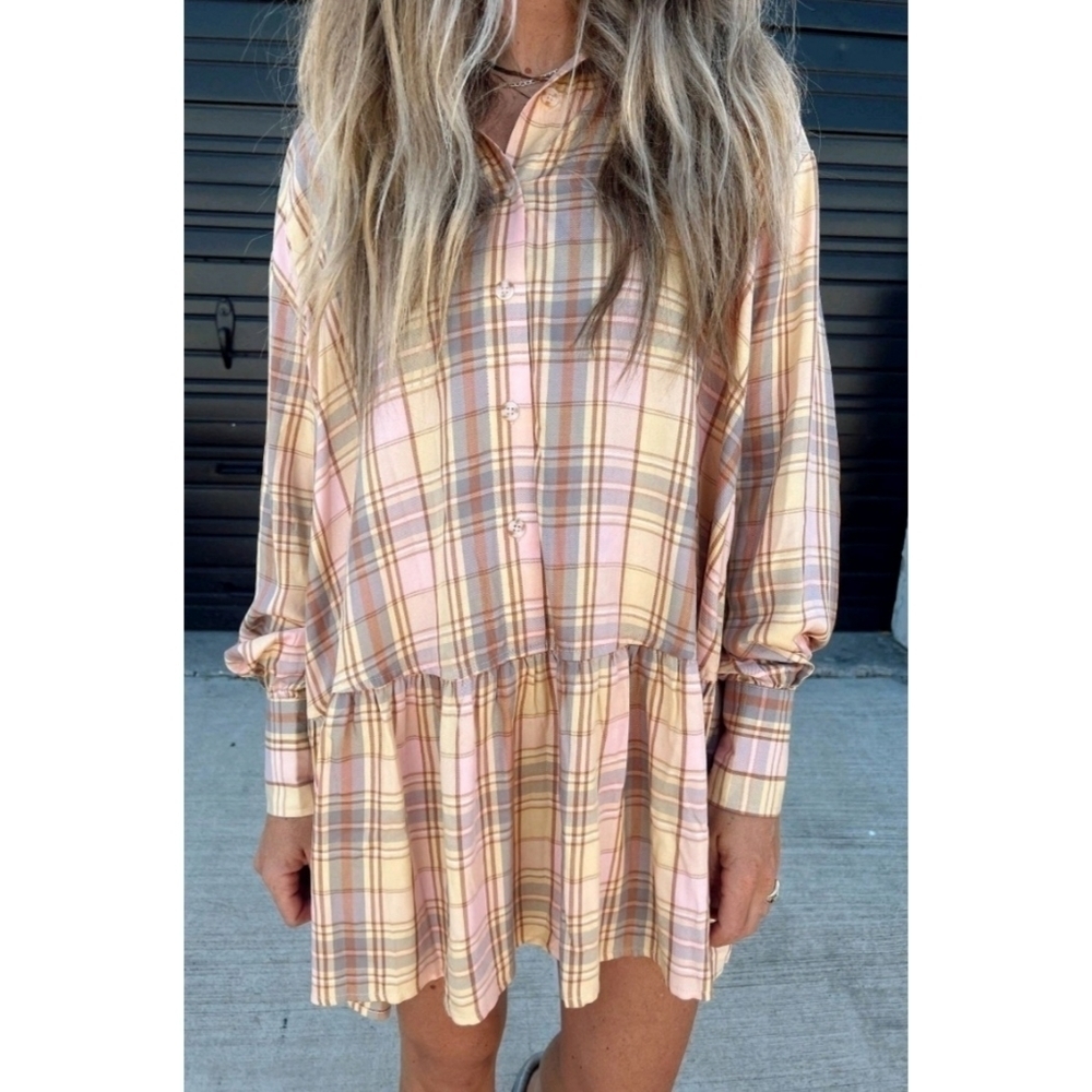 Ascot + Hart Long Sleeve Graphic Peplum Plaid Dress - Picture 4 of 16